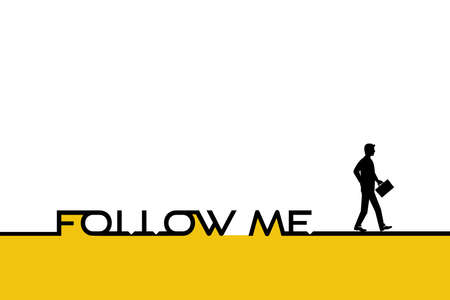 Follow me. Landing page. Template with text and black silhouette human walking. Vector illustration flat design. Isolated on white background. A businessman with a briefcase goes ahead.のイラスト素材