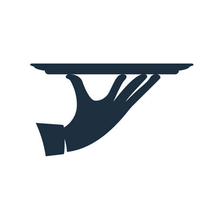 Food serving tray black icon. Silver tray in hand waiter. Vector illustration flat design. Isolated on white background.のイラスト素材