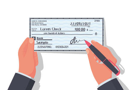Businessman signs money check. Signature of a financial document. Bank check isolated on background. Vector illustration flat design. Template payment bank checks.のイラスト素材