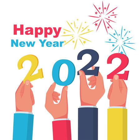 Happy New Year 2022. Team businessmen holding numbers 2022, and text congratulations, greetings. Vector illustration. Isolated on white background.のイラスト素材