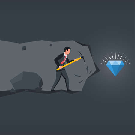 Diamond mining. Finding brilliant. Man with a pickaxe in a cave. Close to goal. Vector illustration flat design. Isolated on white background.のイラスト素材