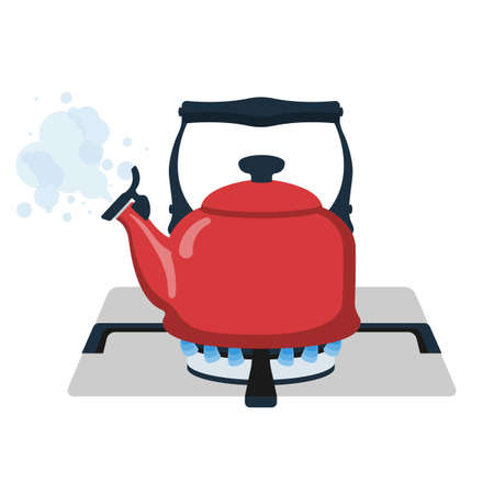 Boiling kettle. Boiling water. Kettle on gas flame. Evaporating water from the spout. Vector illustration flat design. Isolated on white background. Gas stove.のイラスト素材