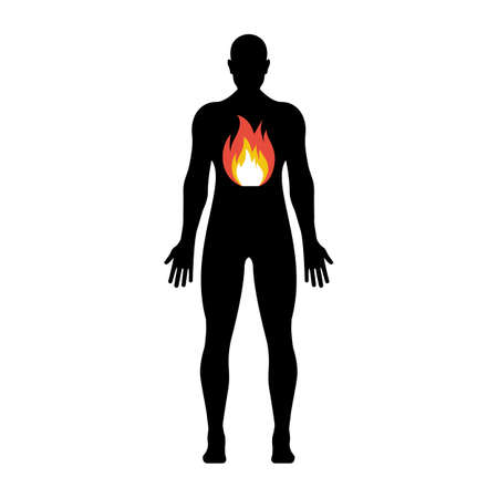 Fire in the abdomen of man. Black silhouette of a young man. Heartburn icon. Fire in stomach. Intestinal disease. Sick stomach. Gastric gases. Vector illustration flat design.のイラスト素材
