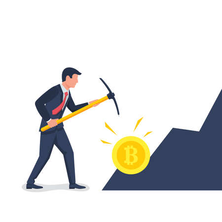 Bitcoin mining concept. Businessman with a pickaxe produces digital coins in the mountain. Vector illustration flat design. Isolated on white background. Pickaxe in hand.のイラスト素材