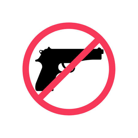 Not gun. Prohibiting sign. Warning Do not bring guns. Ban on firearms. Vector illustration flat design. Isolated on white background.のイラスト素材