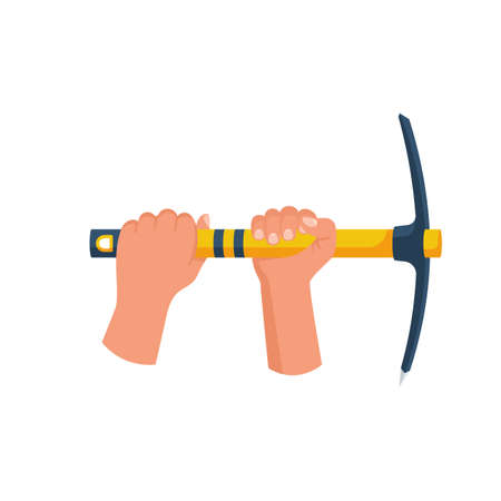Mining concept. Pickax in hand. Mainer holds in hands tools. Mining precious stones and cryptocurrencies. Monetary mine axe. Vector illustration flat design. Isolated on white background.のイラスト素材