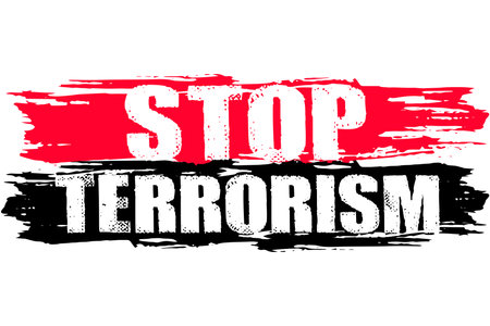 Stop terrorism concept. Grunge style vector illustration. Landing page anti terrorism day. International Day of Peace. Vector illustration flat design. Black and red paint and text.のイラスト素材