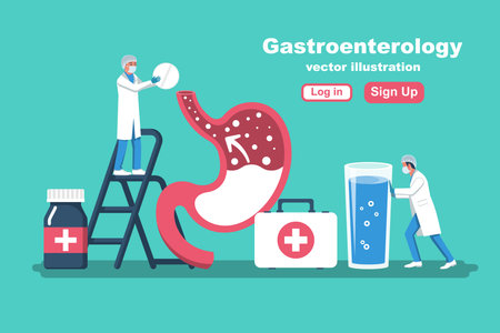 Gastroenterology concept. Landing page, medical clinic template. Diagnostic equipment. Health check. Group of doctors treats the stomach. Vector illustration flat design. Isolated on white background.のイラスト素材