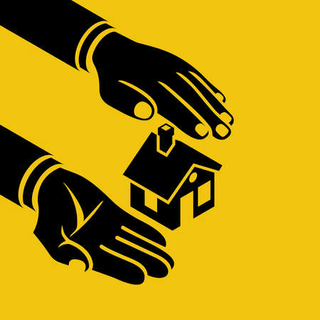 Property insurance template landing page. Concept security, providing protection home from danger. Black icon silhouette hand and home. Vector illustration isometric 3d design.のイラスト素材