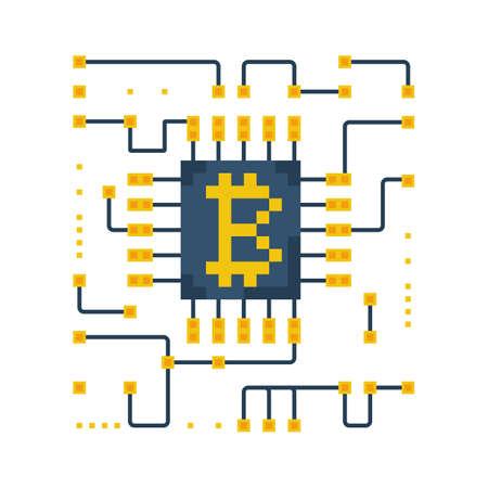 Bitcoin electronic board. Vector illustration pixel art design. Isolated on white background. Digital currency. Mining digital assets. Crypto banking.のイラスト素材
