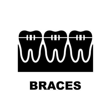 Dental braces black icon. Teeth with braces. Leveling teeth. Orthodontic treatment. Bite correction. Vector illustration flat design. Isolated on white background. Dental care.のイラスト素材