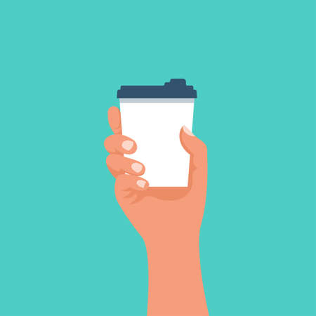 Paper cup of coffee holds in hand man. Its coffe time, poster template concept. Disposable cup hot drink. Vector illustration flat design. Isolated on background. Espresso mugのイラスト素材
