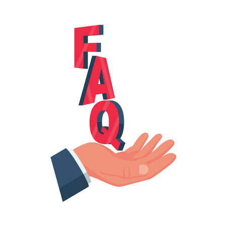 FAQ concept. Frequently asked questions. Help and assistance. Technical support center. Vector illustration flat design. Isolated on white background. Letters in the palm of men.のイラスト素材