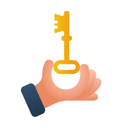 Hand holding house keys. Handing key to home. Vector graphic illustration flat style. Template for sale, rental home. Isolated on white background. Real estate agent. Property gift. Cartoon design.のイラスト素材