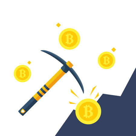 Bitcoin mining concept. Pickaxe produces digital coins in the mountain. Vector illustration flat design. Isolated on white background.のイラスト素材
