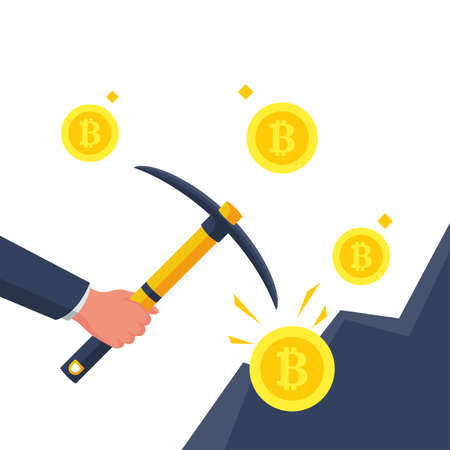 Bitcoin mining concept. Pickaxe in hand produces digital coins in the mountain. Vector illustration flat design. Isolated on white background.のイラスト素材
