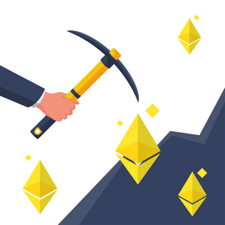 Ethereum mining concept. Pickaxe in hand produces digital coins in the mountain. Vector illustration flat design. Isolated on white background.のイラスト素材