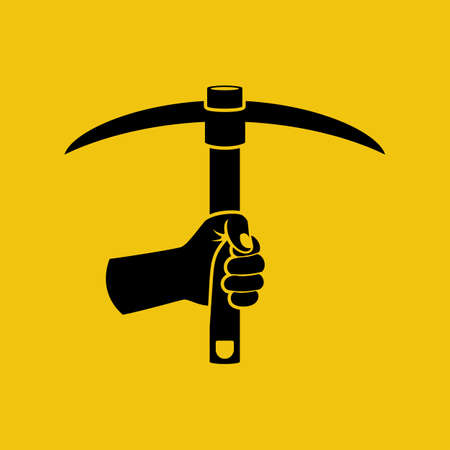 Black silhouette mining concept. Pictogram pickax in hand. Mainer holds in hands tools. Mining precious stones and cryptocurrencies. Monetary mine axe. Vector illustration flat design.のイラスト素材