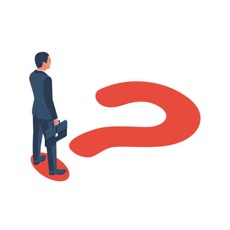 Professional question. Choice process. Big question mark on way. Businessman in suit with briefcase looking unknown open. Vector illustration isometric design. Question mark and modern businessman.のイラスト素材