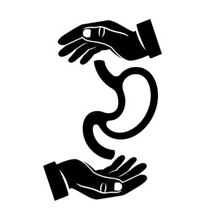 Black icon protects the stomach. Pictogram of the stomach in the palms of the doctor. Vector illustration flat design. Isolated on white background. Concept of Healthcare. Safety of digestive system.のイラスト素材