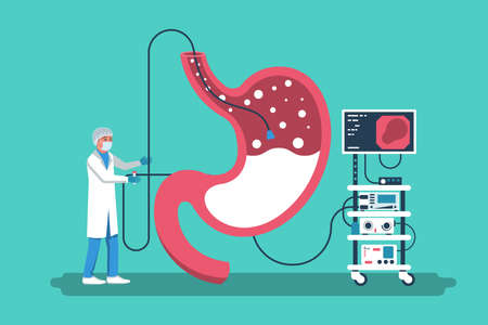 Gastroenterology concept. Clinical researches. Vector illustration flat design. Isolated on white background. Diagnosis of the disease of the stomach. Landing page, medical clinic template.のイラスト素材