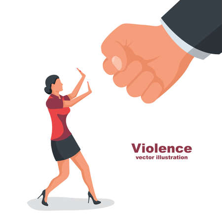 Violence in family. Man in a fist threatens a woman. Stop violence against women. Big fist threatens a girl. Vector illustration flat design. Isolated on white background.のイラスト素材