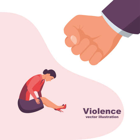 Violence in family. Man in a fist threatens a woman. Stop violence against women. Big fist threatens a girl. Vector illustration flat design. Isolated on white background.のイラスト素材