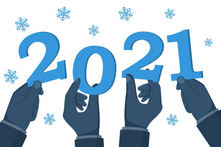 Happy New Year 2022. Team businessmen holding numbers 2022, and text congratulations, greetings. Vector illustration. Isolated on white background.のイラスト素材