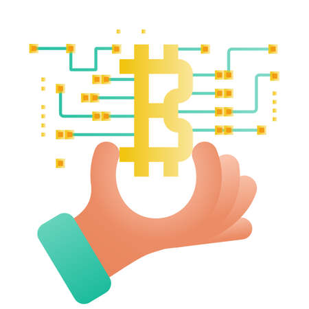 Bitcoin hold in hand. NFT card. Electrical scheme crypto currency. Digital money. Vector illustration cartoon design. Blockchain cryptocurrency. Isolated on white background. Virtual earning money.のイラスト素材
