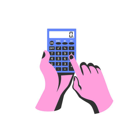 Calculator in hand, color icon. Making accounting. Financial operations concept. Isolated hand with calculator. Financial planning. Vector illustration flat style.のイラスト素材