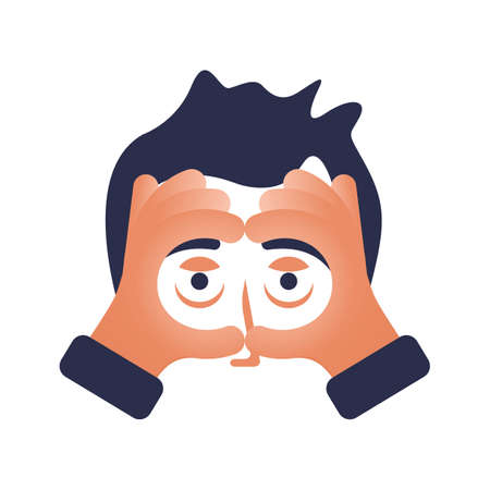 Binoculars gesture. Hand gesture, look ahead. Curious man. Binoculars in hands. View through fingers. Vector illustration flat design. Isolated on white background.のイラスト素材