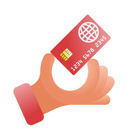 Credit card holding in hand. Sign paying. Money on plastic. Payment purchase by credit card. Finance transaction. Vector illustration, flat design style. Icon isolated on background.のイラスト素材