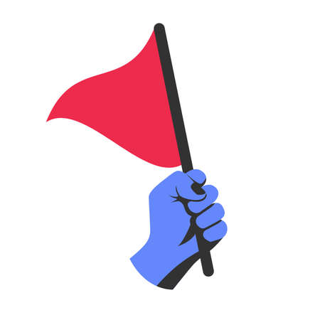 Triangular red flag holding in hand man. Vector illustration flat design. Isolated on white background. Sportflag. Achievement concept. Victory and success.のイラスト素材