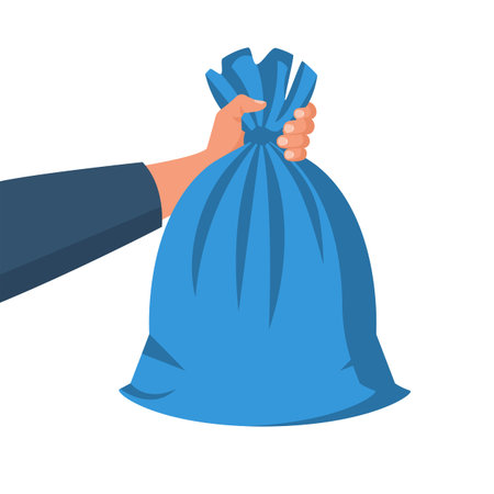 Garbage bag holding in hand. Man throwing trash bags. Vector illustration flat design. Isolated on white background. Trash can with recycle icon.のイラスト素材