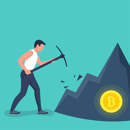 Bitcoin mining concept. Businessman with a pickaxe produces digital coins in the mountain. Vector illustration flat design. Isolated on white background. Pickaxe in hand.のイラスト素材