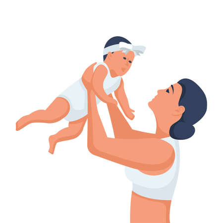 Mother with a baby in arms. Newborn in arms. Happy Mothers Day greeting card. Young family is happy with baby. Vector illustration flat design. Isolated on white background.のイラスト素材