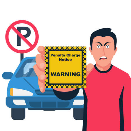 Fine for violation of parking. The driver holds a coupon in the hands of violation. Not parking. No car sign. Parking prohibiter symbol. Vector illustration flat design. Isolated on white background.のイラスト素材