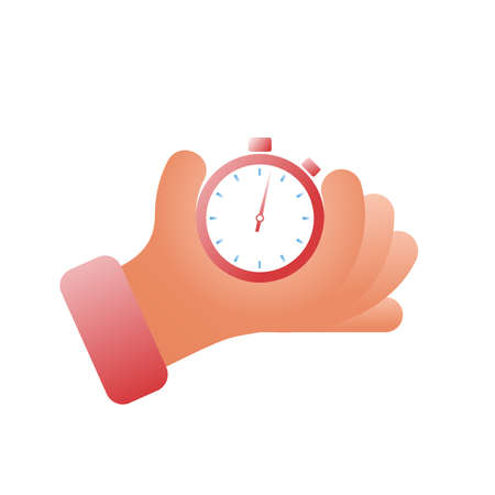 Stopwatch in hand, icon isolated on white background. Vector illustration flat design. Sport timer on competitions. Start, finish. Time management, control. Organization of process. Planning concept.のイラスト素材