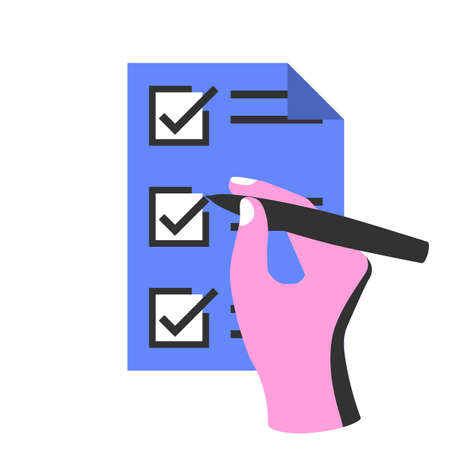 Writing To Do List. Checking plan. Businessman writes a list of cases with pencil. Vector illustration isometric design. Isolated on background. Place for text, template. Hand with pen and clipboard.のイラスト素材