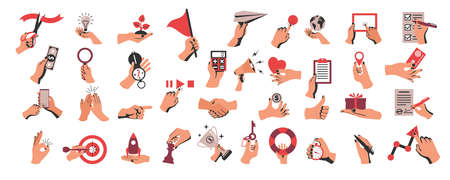 Set of colored hands with objects. Collection of hand gestures. Business elements, documents and digital devices. Money and credit card. Vector illustration flat design. Isolated on white backgroundのイラスト素材