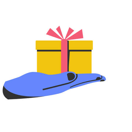 Gift in hand. Give gift. Man holds gift box with a red ribbon in hands, minimal line design. Giving, receiving surprise. Vector illustration flat design. Isolated on background.のイラスト素材