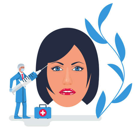 Injection for lips filling. Woman cares for the skin. Doctor makes the injection of filler in face. Remove wrinkles. Vector flat design. Beauty, cosmetology, anti-aging. Female rejuvenating.のイラスト素材