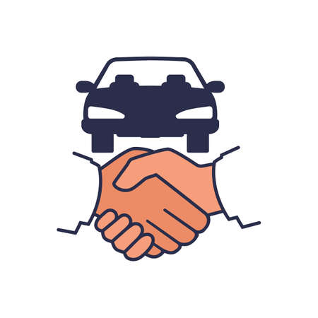 Car deal. Businessman handshake and car silhouette. Buy rent vehicle. Vector illustration flat design. Template purchase buy rental sale vehicle. Isolated on white background.のイラスト素材