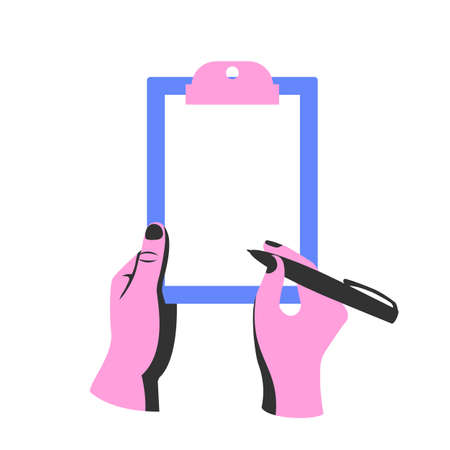 Man holds in hand clipboard with clean sheets. Empty blank.Vector illustration, flat design.Template for text. Vector illustration flat design. Isolated on white background.のイラスト素材