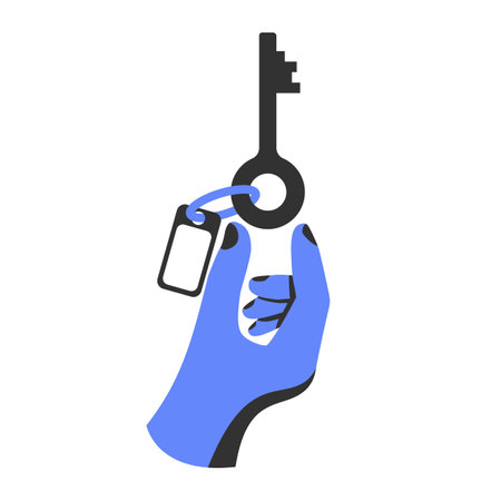 Hand holding house keys. Handing key to home. Vector graphic illustration flat style. Template for sale, rental home. Isolated on white background. Real estate agent. Property gift. Cartoon design.のイラスト素材