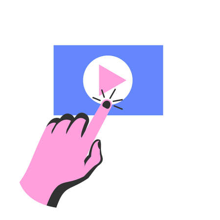 Man with finger hands presses the play button. Vector illustration flat design. Isolated on white background.のイラスト素材