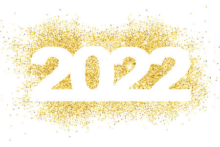 Happy New Year 2022. Gold dust in numbers. Bright sparkles. Simple greetings template. 2022 logo text design. Brochure card, banner with wishes. Vector illustration. Isolated on white background.のイラスト素材