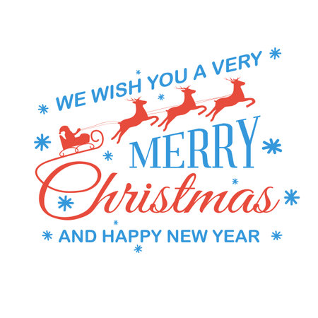 Merry Christmas, greeting card. Background with snowflakes. Lettering design, Santa Claus in a sleigh on deer. Abstract background. Happy holiday. Vector illustration flat design.のイラスト素材
