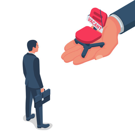Offer vacancy. Vacant concept. Businessman running to a new job. Vector flat design. Career position. Office empty chair hold in hand with sign as symbol of an recruiting to work. Hiring staff.のイラスト素材