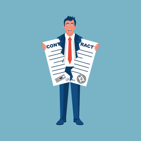 Break of a contract. Businessman tearing contract. Vector illustration flat design. Isolated on background. Concept of disagreement. Business documents. End deal.のイラスト素材